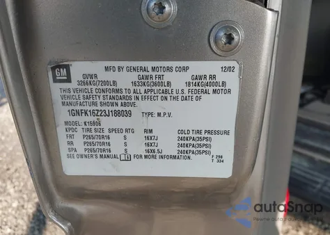 2003 Chevrolet Suburban 1500 Lt from USA, damaged, VIN 1GNFK16Z23J188039